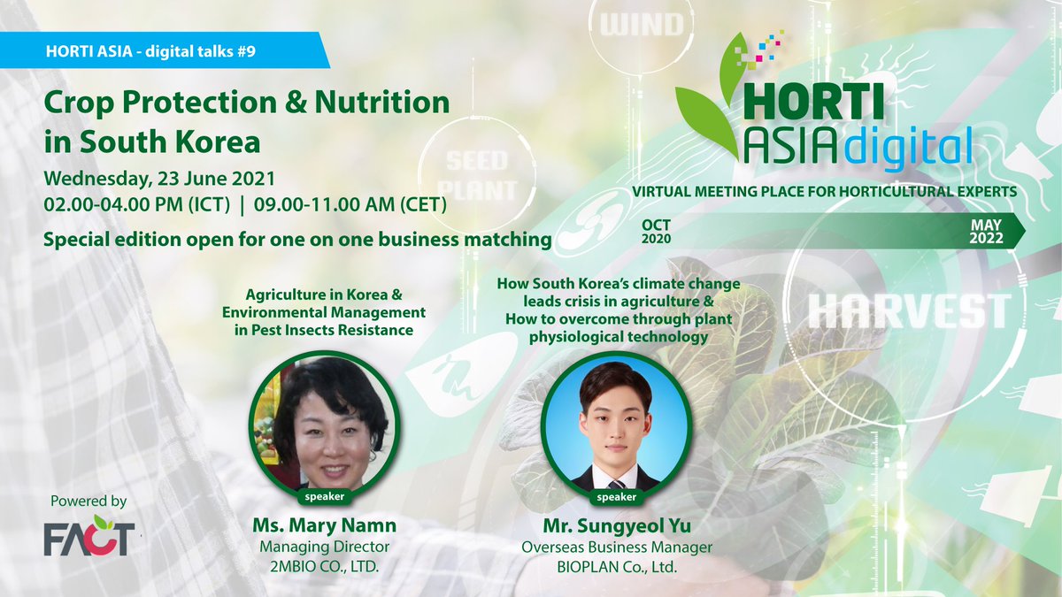 Join us in a special edition of our digital talks for business opportunities in Crop Protection &amp; Plant Nutrition from South Korea.

Digital talk topic: “Crop Protection &amp; Plant Nutrition in South Korea”

Reserve your digital seat now: …itechnicahortiasia.ticketforevent.com

#HORTIASIA