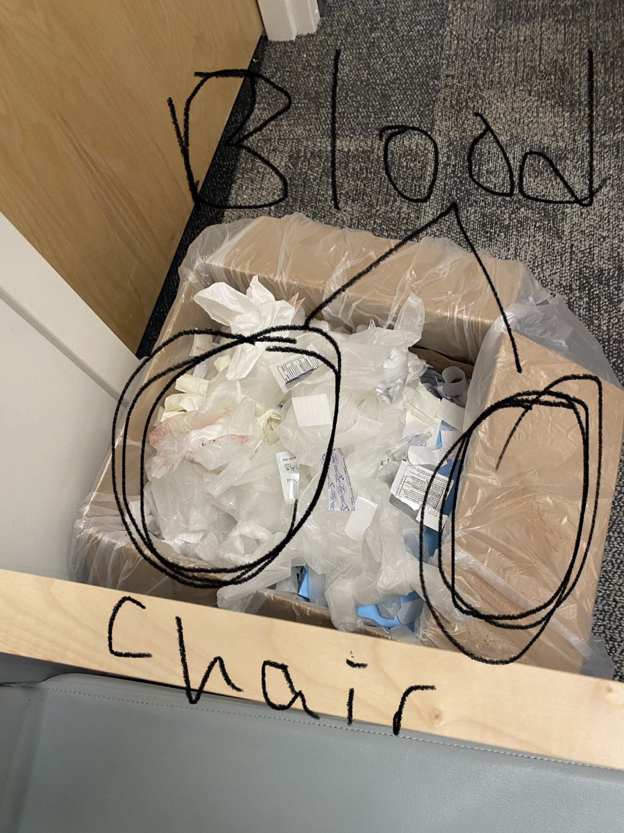 Kj1833's tweet photo. @cvspharmacy I took my kid to get a vaccine today. This is what was in your “consultation room” at the CVS
7470 SAWMILL RD. DUBLIN, OH. Gloves &amp; trash covered in blood. Overflowing medical waste touching the chair you want my kid to sit in. You literally sell trashcans #biohazard https://t.co/RBqlf5N3Le