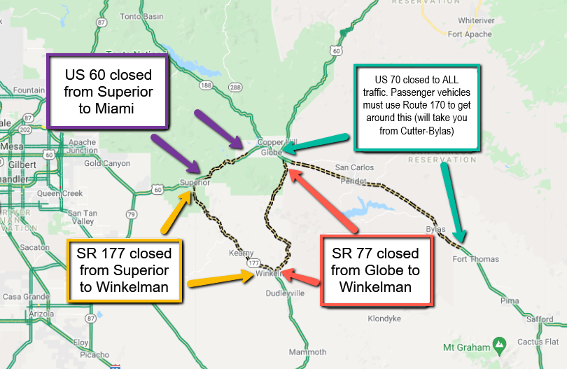 Adot Road Closures Map Arizona Dot On Twitter: "The Following Roads Remain Closed Due To The  #Telegraphfire And #Mescalfire: ▸ Us 60: Superior-Miami; ▸ Sr 77:  Globe-Winkelman; ▸ Sr 177: Superior-Winkelman. ▸ Us 70: Mileposts 256-302.