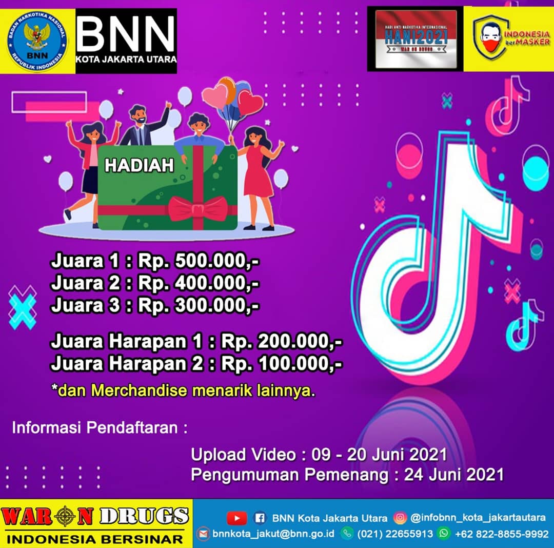 infobnn_kota_ju's tweet photo. Hai #SobatBNN buat kamu-kamu yang suka nge-dance Tiktok mending join Challenge Competiton kita!
Untuk syarat dan ketentuan nya cekidot info diatas ya. ☝😎
@INFOBNN
@bnn_prov_dki
@kominfotikJU
#bnnkjakut
#tiktokcompetition
#hani2021
#warondrugs https://t.co/UM7Q5gw6im