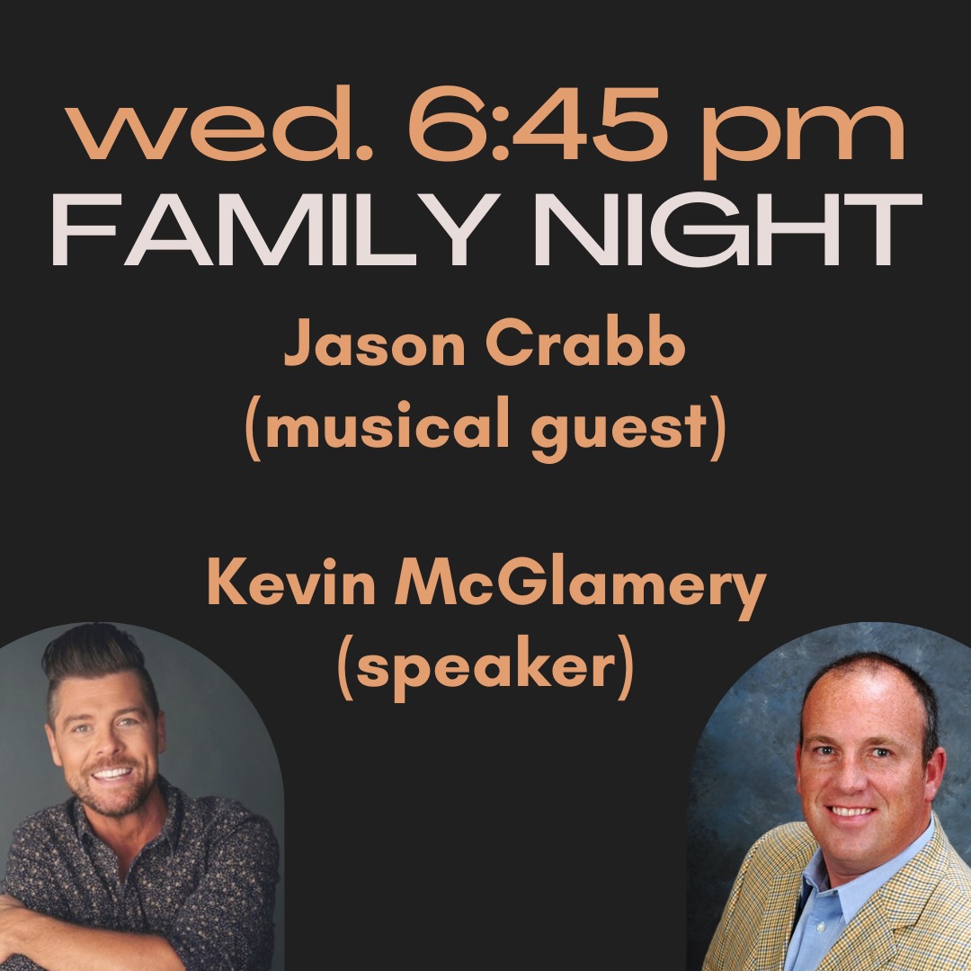 Hey ENC! We have an amazing family night  tomorrow featuring Jason Crabb and Kevin McGlamery! if you can't make it don't worry  we got you covered join Online 
Link:
enccog.org/online
facebook.com/ENCCOG
vimeo.com/enccog