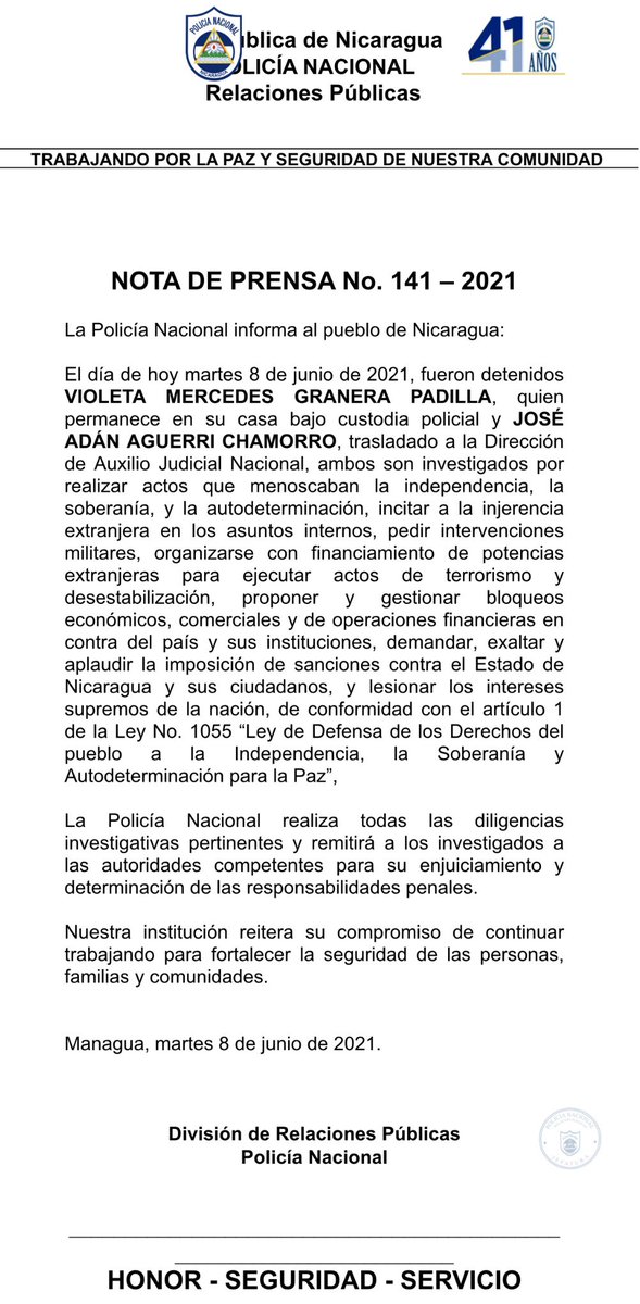 🛑#8Junio Policia Nacional detiene a Jose Adan Aguerri y Violeta Granera, ambos investigados por realizar actos que menoscaban la independencia,soberania y autodeterminación,incitar a la injerencia extranjera,solicitar bloqueos que afectan al pueblo Nicaraguense

#LaHuacaGolpista