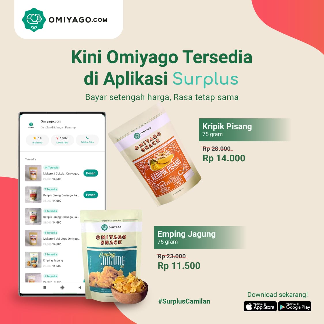 Temukan promo camilan Omiyago di @surplusindonesia. Dapatkan diskon 50% dengan berbelanja melalui aplikasi Surplus. Cek promonya sekarang yaa omiyagoes, Selamat beraktivitas🥳🥳

#RekanSurplus #Omiyago #BayarSetengahRasaSama #AplikasiSurplus #SurplusID #SurplusCamilan
