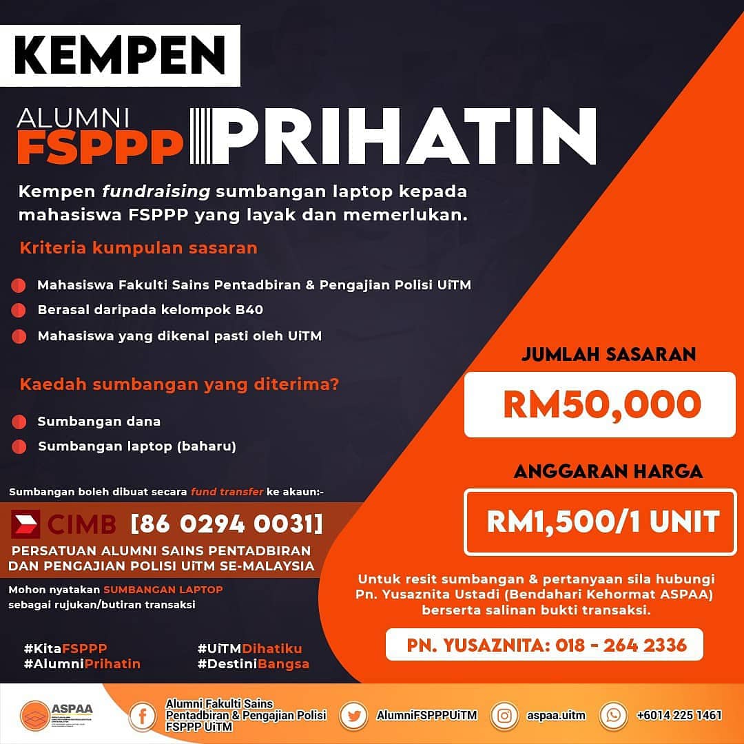 AlumniFSPPPUiTM's tweet photo. KEMPEN ALUMNI FSPPP PRIHATIN

Alhamdulillah, pihak ASPAA tlh brjaya mnyumbangkan laptop kpd seorang siswi FSPPP pd1 Jun 2021 yg lepas. 

Penerima keempat ini mrupakan plajar sem 1 bgi program Sarjana Muda Pentadbiran Korporat.

#AlumniFSPPPPrihatin
#kitafsppp 
#uitmdihatiku https://t.co/9W4AjruY8g