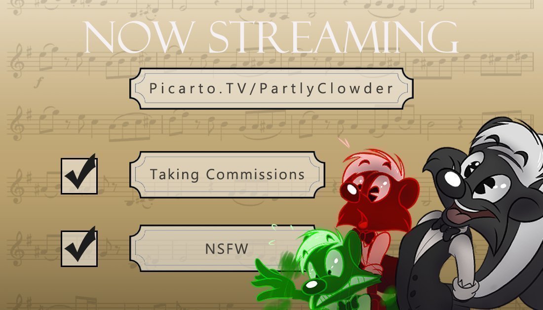 PartlyClowder's tweet photo. Streeeeemin.

Finishing up some stream commissions and taking some more. If you're looking to get something, come on by!
If not, feel free to come chat and listen to my pompous music choices. 👍

https://t.co/m5eDEFnpCd https://t.co/aFuuwxFvos