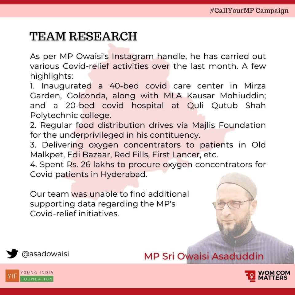 Aimim Chief @asadowaisi is highly accessible to the people of his constituency 3 out of 17 MPs from Telangana have high accessibility indicator, meaning citizens can reach out to them directly for help anytime! This report was undertaken by WomComMatters & Young India Foundation.
