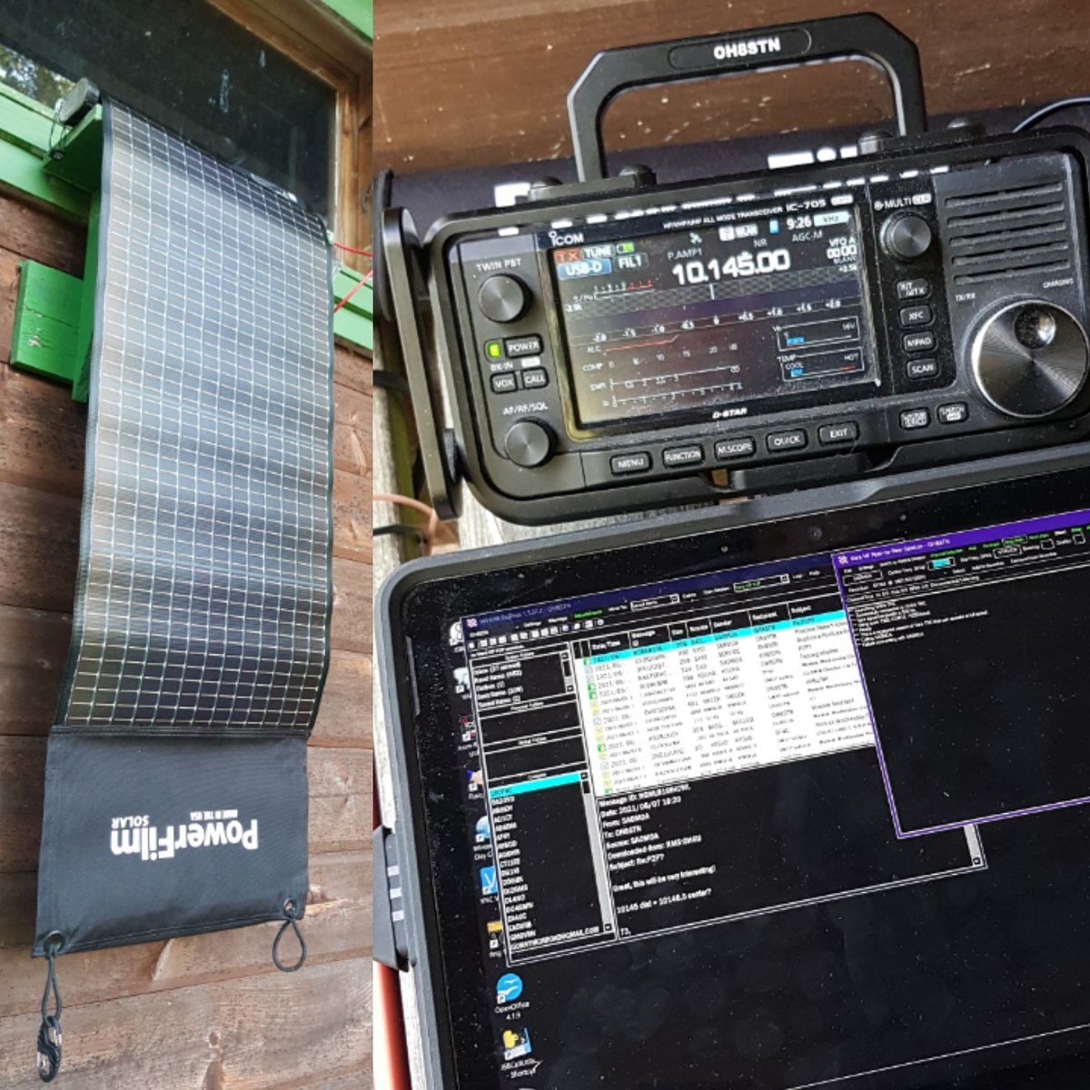 Using the #IC705 internal battery while recharging the #lightsavermax 
#oh8stn #hamradio #icom #ic705 #solarpowered #solarpanels #solargenerator #offgrid #flexiblesolarpanels #powerfilmsolar