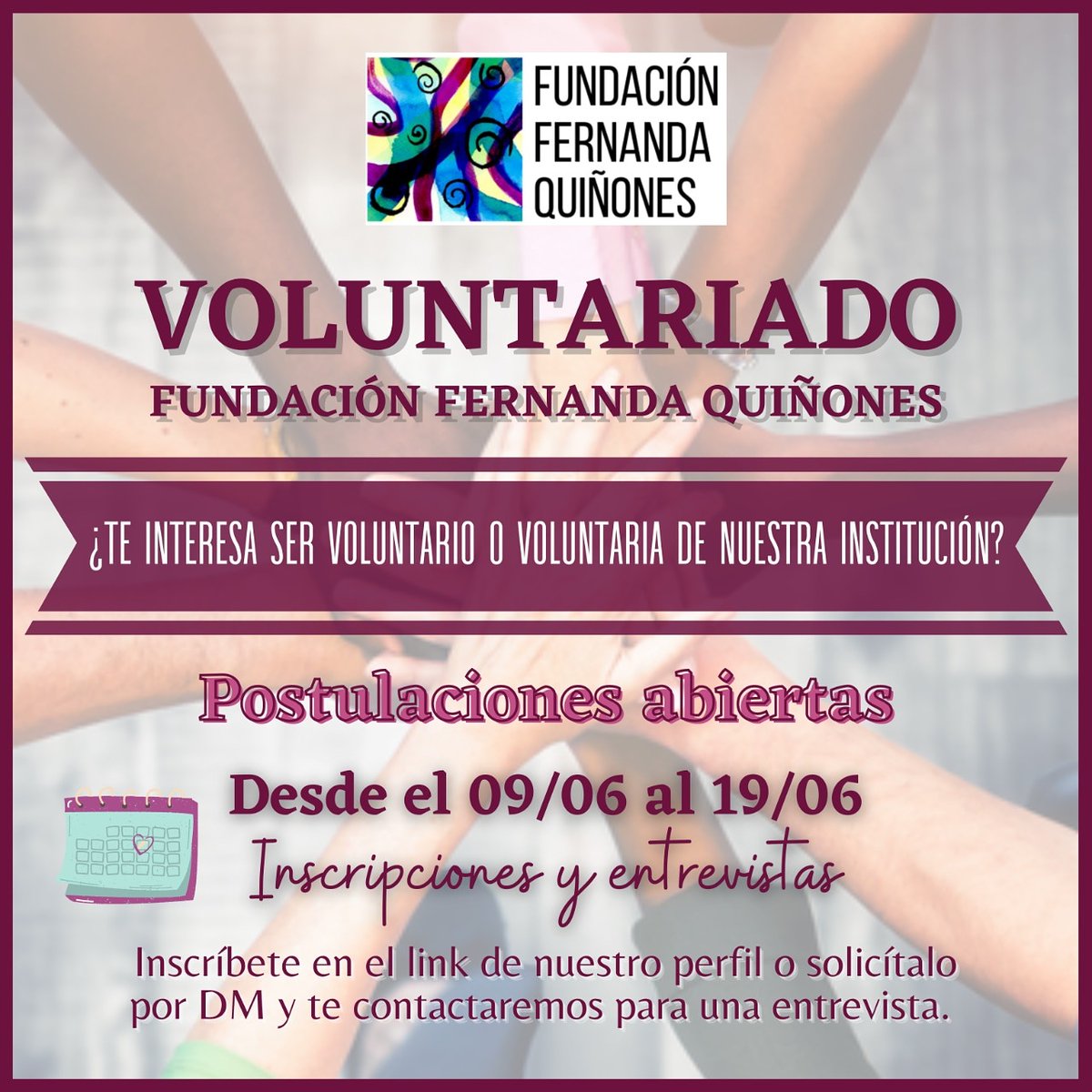 ffq_cl's tweet photo. Atención! ⚠️ Desde mañana 09/06, nuestra institución abrirá las postulaciones para el ingreso a nuestra Escuela de Voluntarios/as FFQ. Las postulaciones y entrevistas culminarán el 19/06. Las clases serán impartidas los días sábados entre las 09:00 y 13:00 hrs.
#FFQ #Voluntariado https://t.co/OXT21DYbJZ
