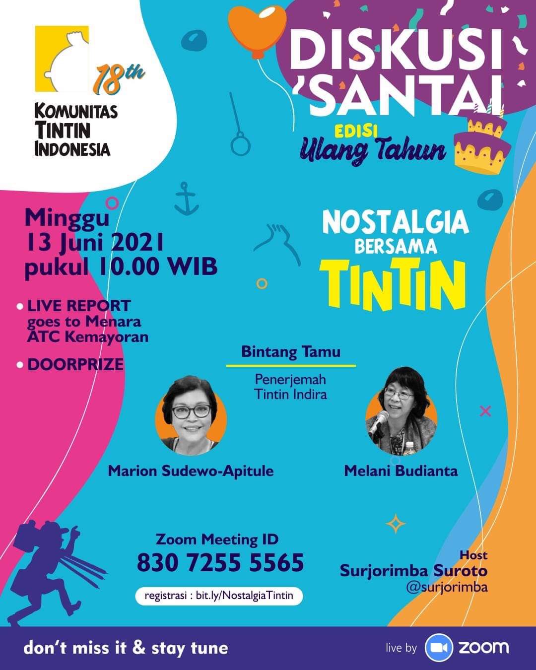 Komunitas Tintin Indonesia on Twitter: "Komunitas Tintin Indonesia  merayakan ultah ke-18 Diskusi Santai Edisi Khusus Minggu 13/6 2021 pk  10.00-12.00 WIB Para Penerjemah Tintin (PT Indira): Marion Sudewo-Apitule  dan Melani Budianta +