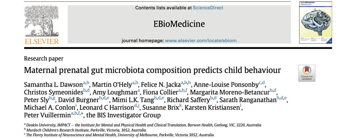 1/ Our latest paper from the Barwon Infant Study finds that maternal prenatal #gut #microbiota composition predicts child behaviour. Mums who had a healthy #diet had higher microbial diversity. <a href="/OOHely/">Martin O'Hely</a> @felicejacka <a href="/MBmicrobiome/">Dr Amy Loughman</a> <a href="/IMPACTDeakin/">IMPACT</a>  thelancet.com/journals/ebiom…