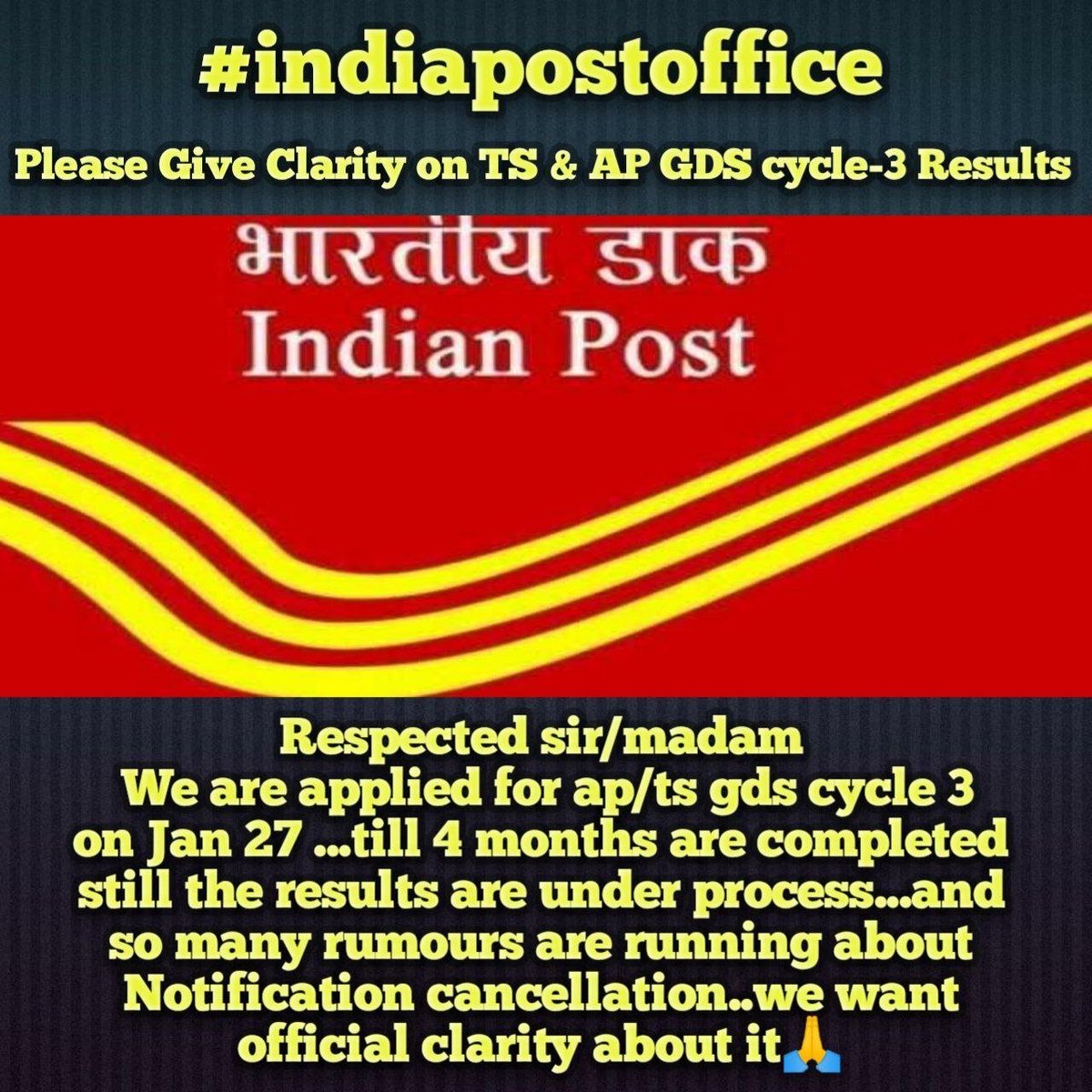 SrinivaasrajuN's tweet photo. @IndiaPostOffice @PmgHyderabad @pmgheadquarter1 @PMGVijayawada @PMGVISAKAPATNAM @GdsPost @ABDULRA67769593 #GDSresults #GDS #Release GDS Results We are requesting you from many days.Pls respond and pls give accurate information.Tell us when you going to Declare Results.Pls Respond https://t.co/id1xBrNxus