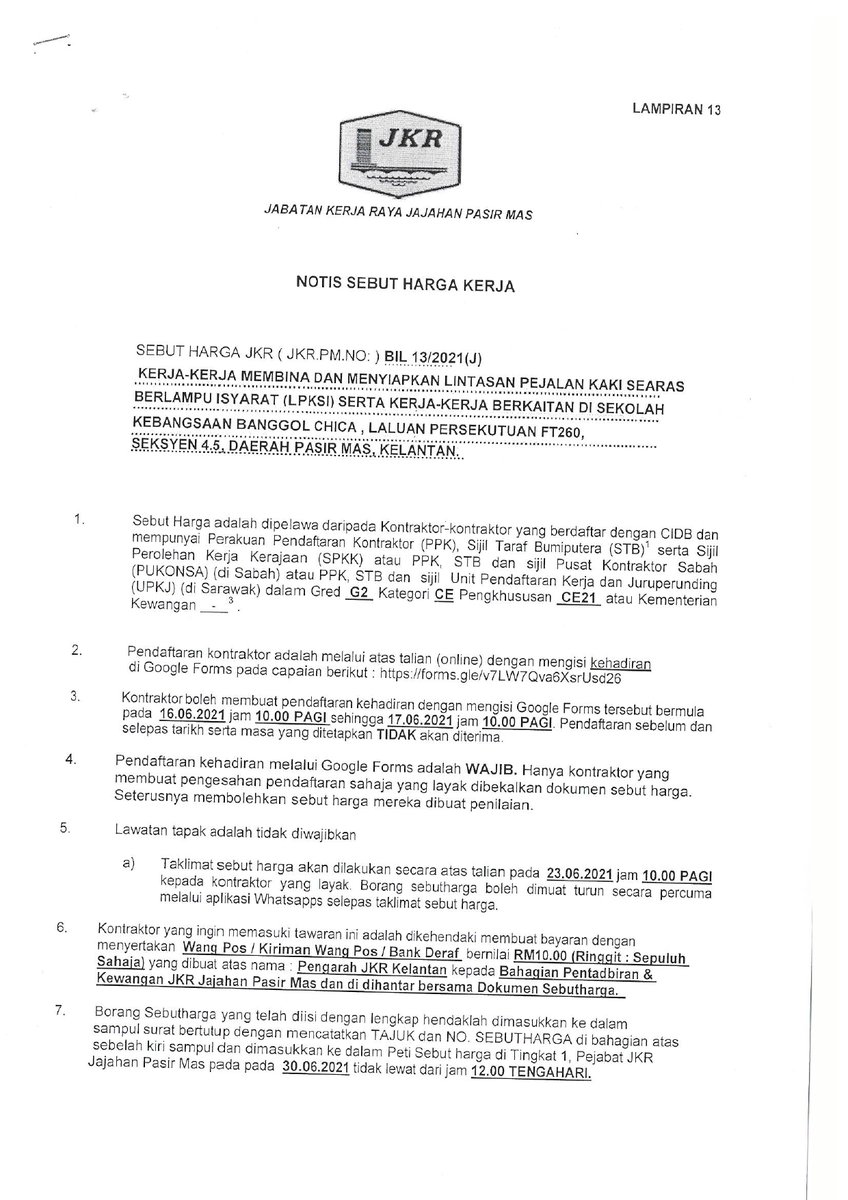 JKR_PASIR_MAS's tweet photo. Notis Sebutharga 13/2021 (G2) https://t.co/UVvNZxthGK Pendaftaran kehadiran dengan mengisi google form pada 16 Jun 2021 Jam 10.00 pagi sehingga 17 Jun 2021 Jam 10.00 pagi @MOWorks @JKRMalaysia @JKRKelantan https://t.co/LmlMUn4ECI