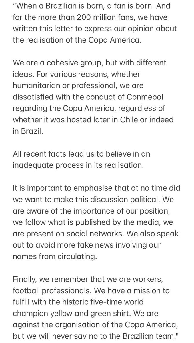Brazil’s players publish their much-anticipated “manifesto” regarding their involvement in Copa América and it’s...underwhelming. 

Tl;dr “We’re dissatisfied, but we’ll play nonetheless.🇧🇷”