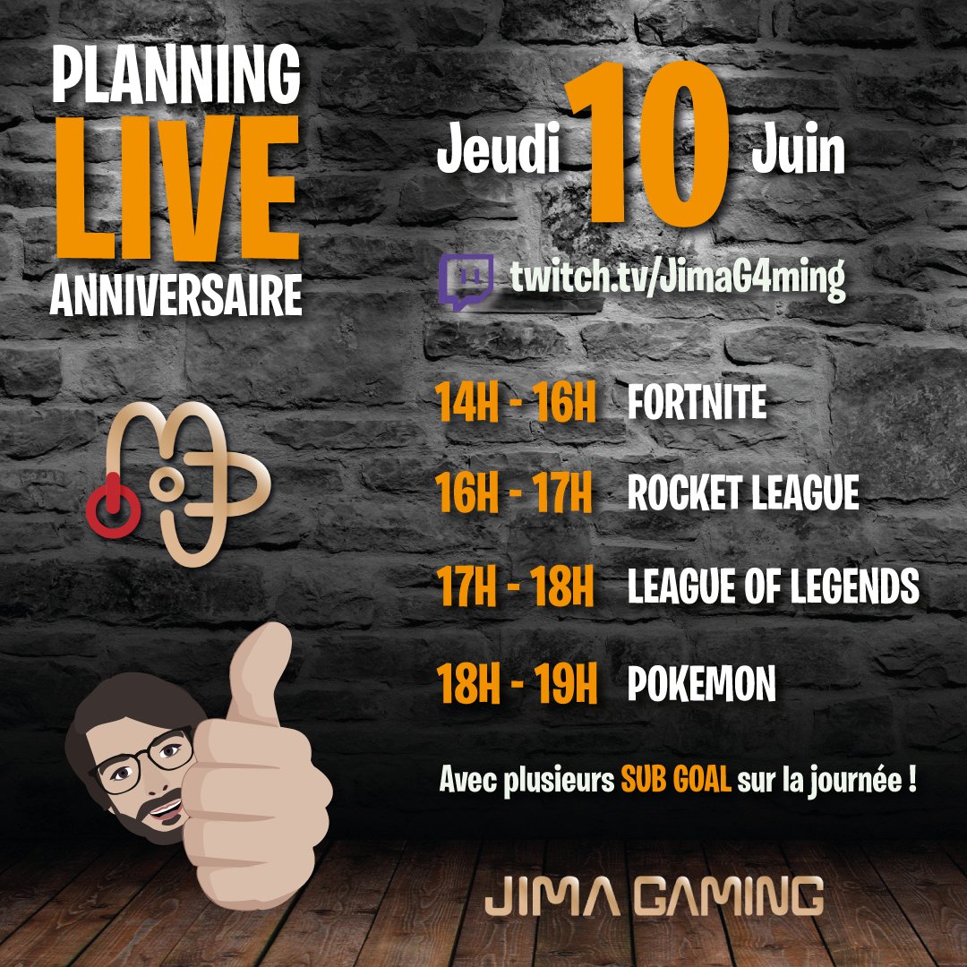 JimaGaming's tweet photo. Coucou les potes ! 
Je viens vers vous pour vous annoncez un live un peu particulier !
Jeudi 10 Juin c'est mon anniversaire et je me suis dit que ça pourrait être cool de le fêter avec vous en live !
https://t.co/xxDmBNRZ8F
Code créateur : JIMA https://t.co/X7KJWI4Tr3