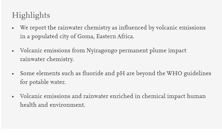 VirungaSupersit's tweet photo. New paper out: "Baseline for rainwater chemistry and quality as influenced by #Nyiragongo volcano permanent plume, East Africa". Congrats to the authors (M. Kasereka (GVO), E. Cuoco (@INGVvulcani), Zabene (ISP-BKB) &amp; @CharlesBalagizi) ! 
https://t.co/5Vr07ELiV8 https://t.co/UqLifbhSX3
