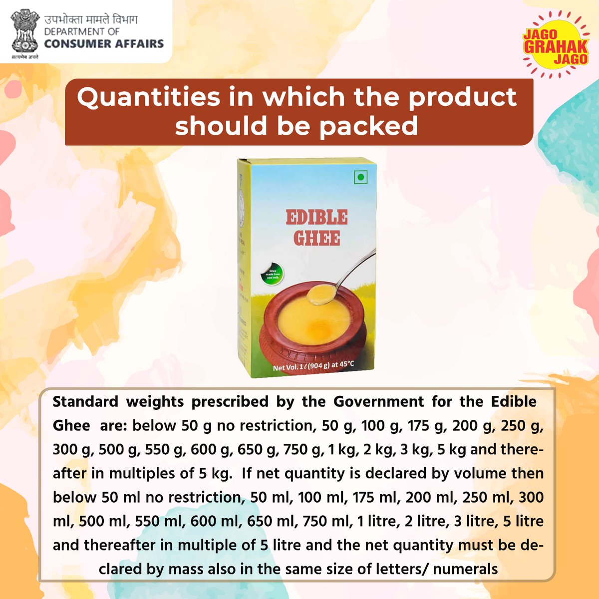 consaff's tweet photo. Standard weights prescribed by the Government for Edible Ghee are mentioned.
#JagoGrahakJago #legalmetrology #consumerprotection #ConsumerRights #Packedproduct #ediblefood #Ghee https://t.co/GhRfEEYWBm