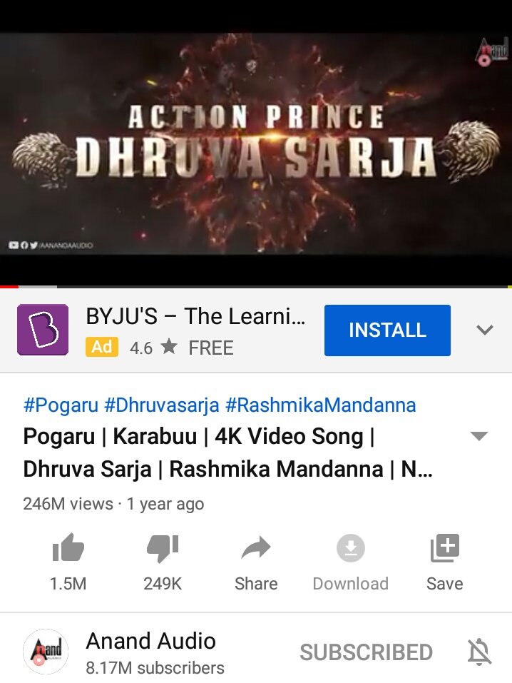 DhruvaTrend's tweet photo. #pogaru song counting #246M Views &amp; 1.5M Like !!

#Sandalwood First song Highest Viewed Song !

First song Reached 1.5 Million Like in Sandalwood !

@chandanspshetty |@DhruvaSarja @iamRashmika |@FilmDirector_NK @anandaudioTolly |@aanandaaudio https://t.co/U5iFugIahh