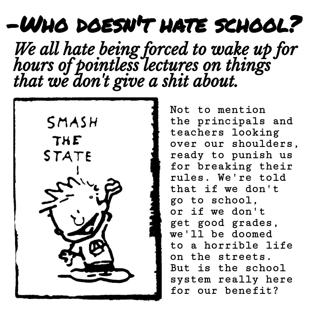 resist_zine's tweet photo. Who Doesn't Hate School?

source unknown (2012)

#school #calvin #education #revolution #youth #university #brainwashed #mindcontrol #calvinandhobbes #progressive  #zine #activist #activism https://t.co/lusYFSDMAd