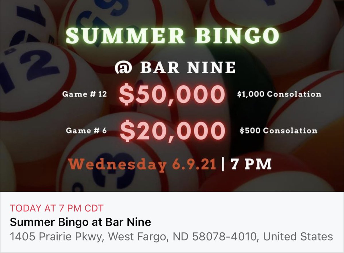 50k &amp; 20k bingo. 7:00 pm today <a href="/bar9wf/">BAR NINE</a>