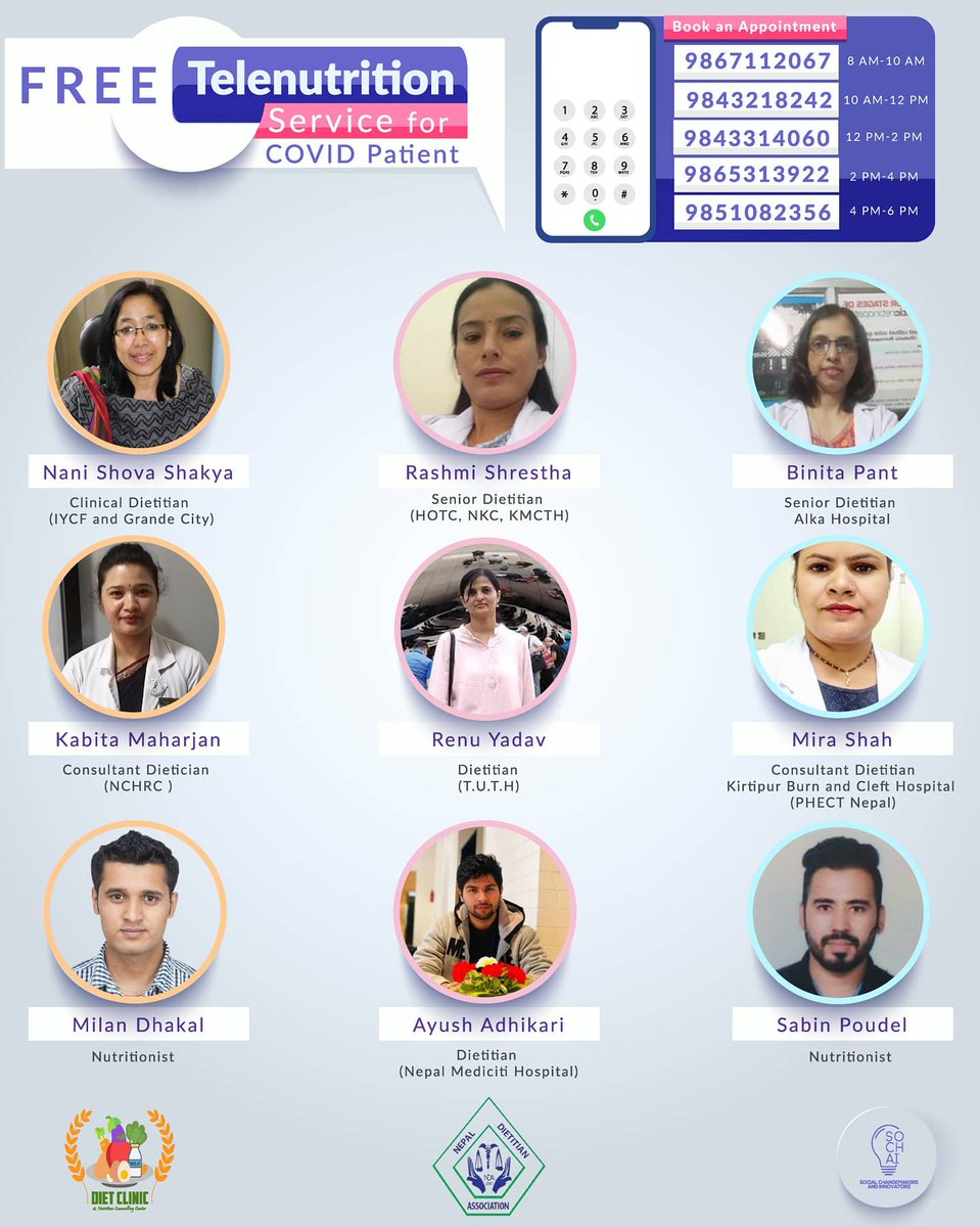 Sochai_YFN's tweet photo. आजबाट सोचाइले Nepal Dietitian Association र Diet Clinic and Nutrition Counselling Centre को सहकार्यमा कोभिड बिरामीलाई लक्षित गरेर निशुल्क पोषण परामर्श सुरु गरेको छ । यो सेवाको फाइदा उठाउनुहोस् ।
Hurry up and book an appointment.
#Telenutrition #counseling #sochai https://t.co/5hOedilyZF