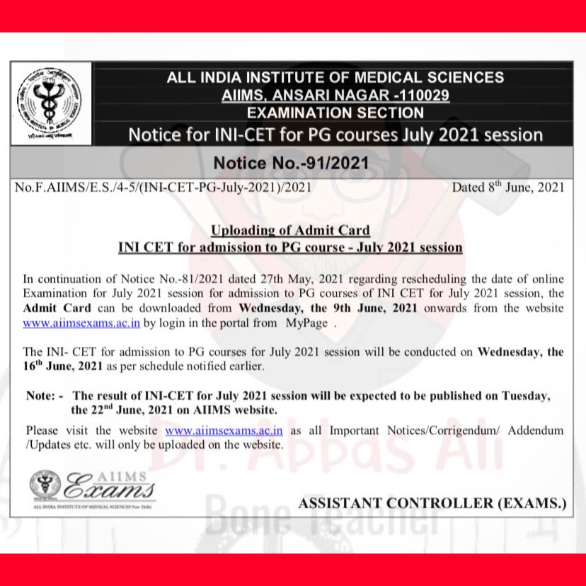 ProudFMG's tweet photo. INI CET Exam is on 16th June and result will be declared on 22nd June #INICET https://t.co/sX5pNyGdkC