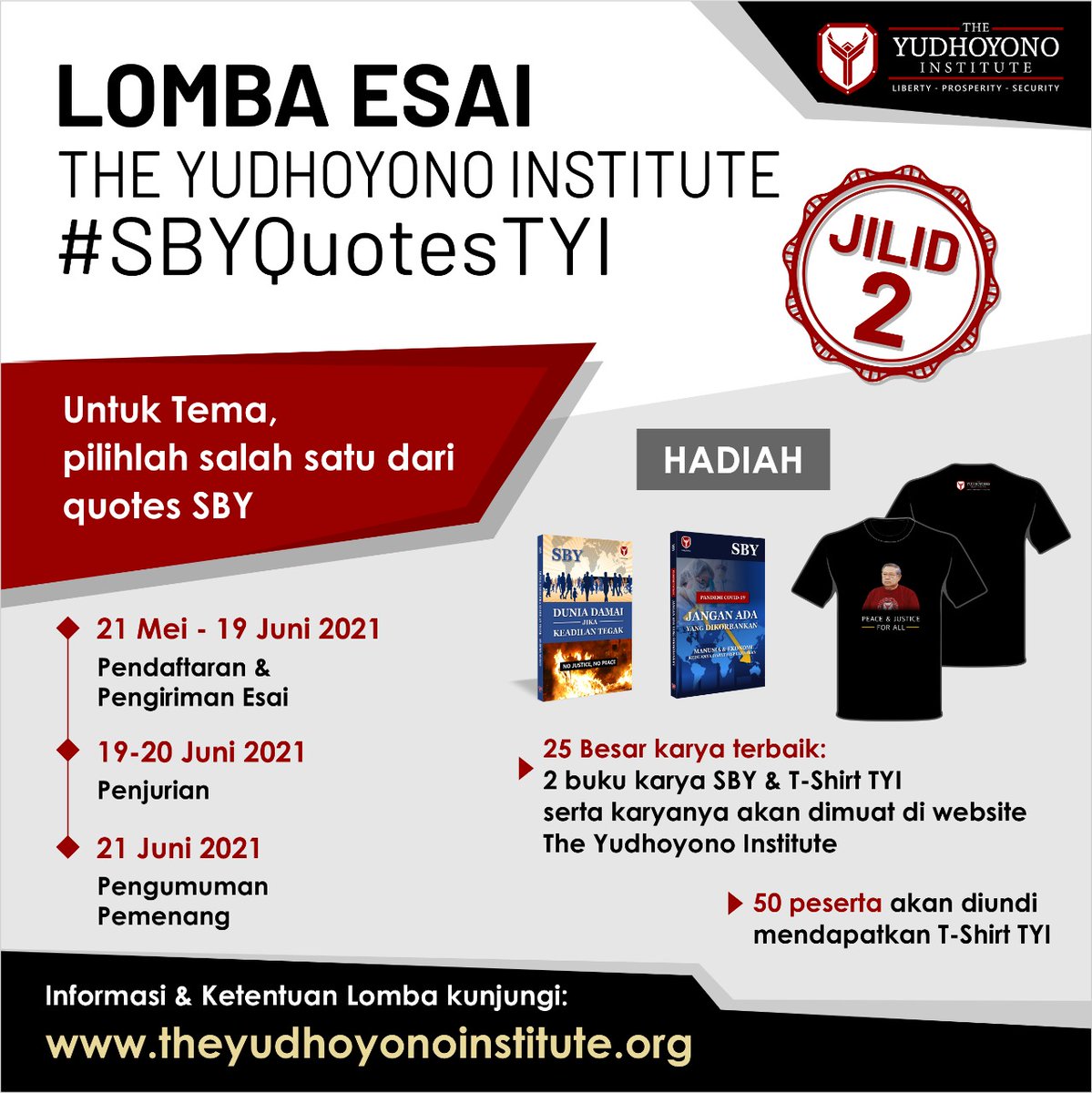 YudhoyonoInst's tweet photo. Teman-teman, saat ini masih berlangsung Lomba Esai #SBYQuotesTYI untuk jilid 2 sampai dengan 19 Juni 2021. 

Yuk, langsung daftar dan submit lewat website  https://t.co/RimHnNC8ZA atau lewat link yang sudah tersedia di bio kami ya. https://t.co/WKQB0fRLbe