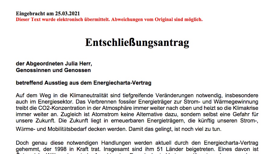Should Austria withdraw from the #EnergyCharterTreaty? That's what a motion by @SPEO_at is calling for. Over 1⃣ million citizens demand the same! 
The treaty is used by #fossilfuel firms to hinder #ClimateAction.

Will you say #noECT today, <a href="/volkspartei/">Volkspartei</a>, <a href="/diegruenen/">Die Grünen</a> and <a href="/neos_eu/">NEOS - Die Reformkraft</a>?