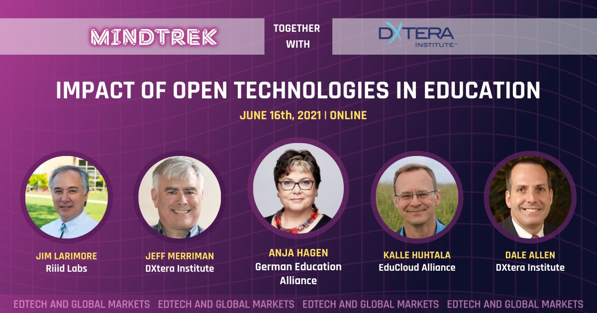 MindTrek_'s tweet image. #Mindtrek X  DXtera: Impact of #OpenTechnologies in #Education coming up Wed 16th of June, 2021 (15:00-16:30 EEST/GMT+3)! A great line up of speakers from around the world talking about #AI #xAPI #OpenData #OpenStandards in future education!