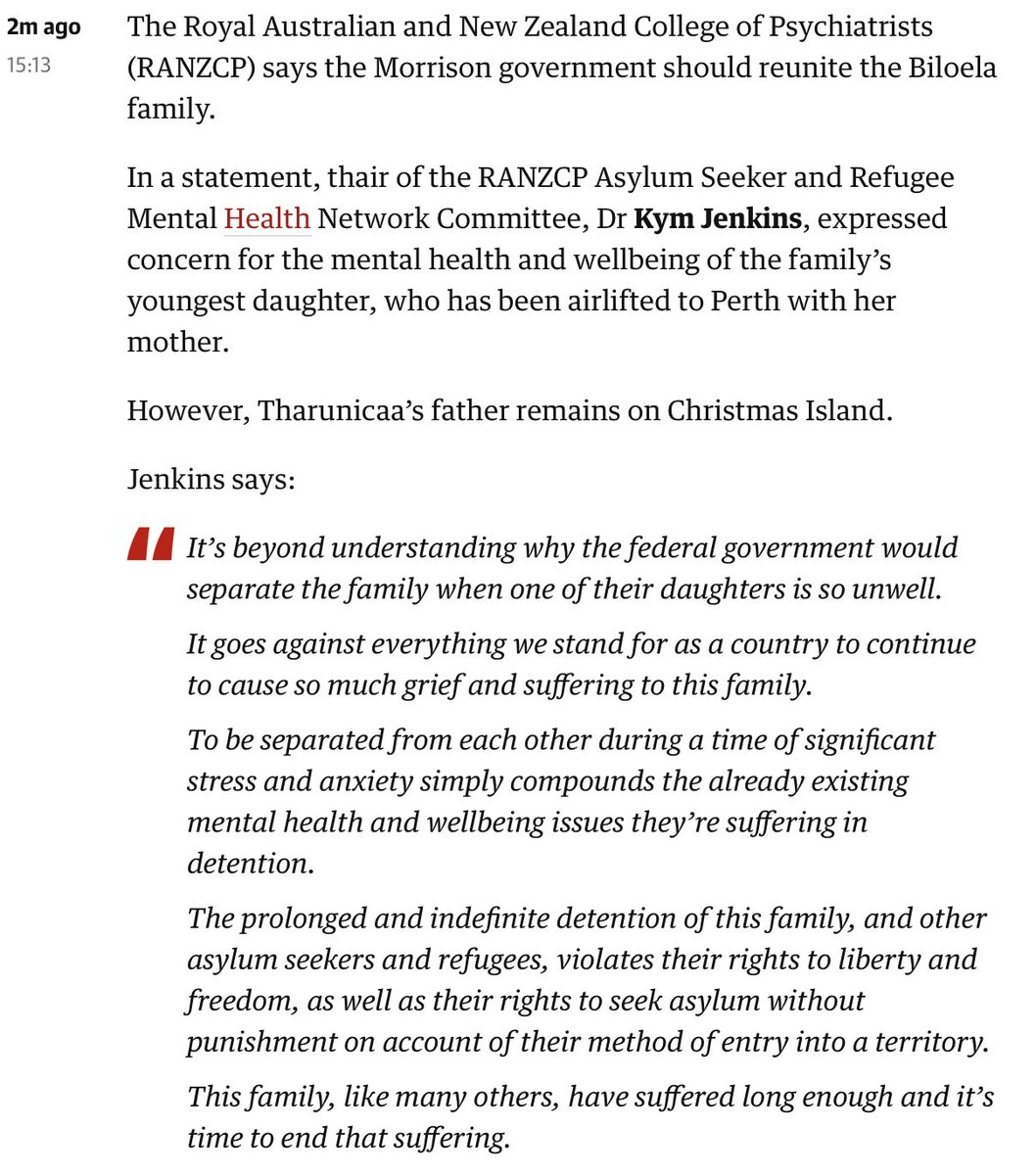 Royal Aust & NZ College of Psychiatrists statement on the #BiloelaFamily being reunited. 
That RANZCP has to issue this statement is an appalling but unsurprising indictment on the Morrison govt. #HometoBiloela #GAMEOVER #CompassionNotCruelty #auspol #Tharnicaa