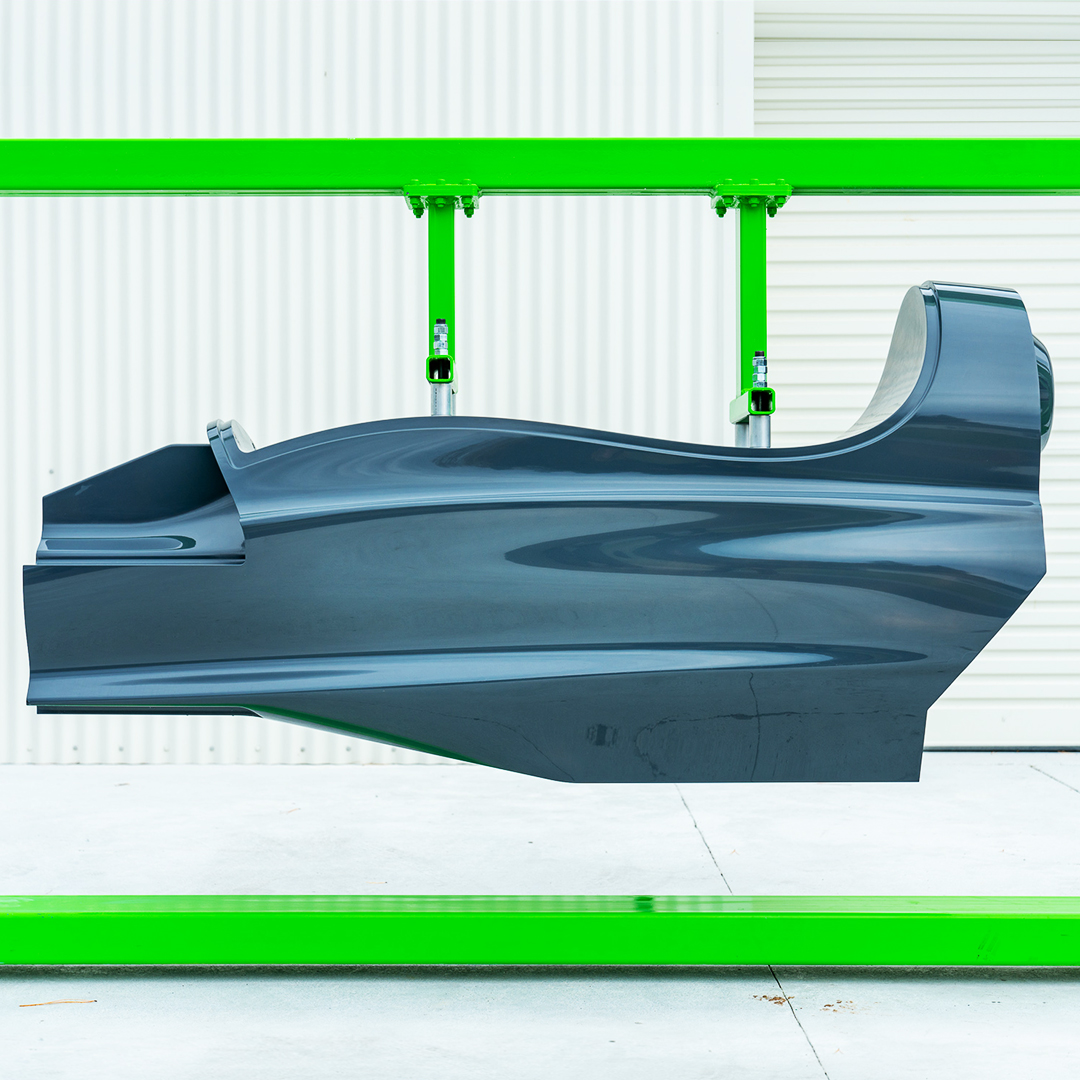 RodinCars's tweet image. The #RodinFZERO mono plug produced from #CNC routed polyurethane tooling board. Weighing in at 900kg, a custom built stand was made to work on it.  Painted using Duratec to produce a smooth, durable moulding surface for the next step: carbon fibre prep work. #supercar #rodincars
