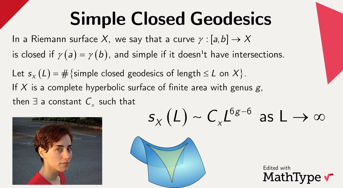 MathType's tweet photo. Maryam #Mirzakhani made key contributions to the fields of #hyperbolic #geometry and Riemann surfaces, and she was the first woman to win a Fields Medal. One of her most celebrated works is this result about simple closed #geodesics. #MathType https://t.co/kYVBt13SBu