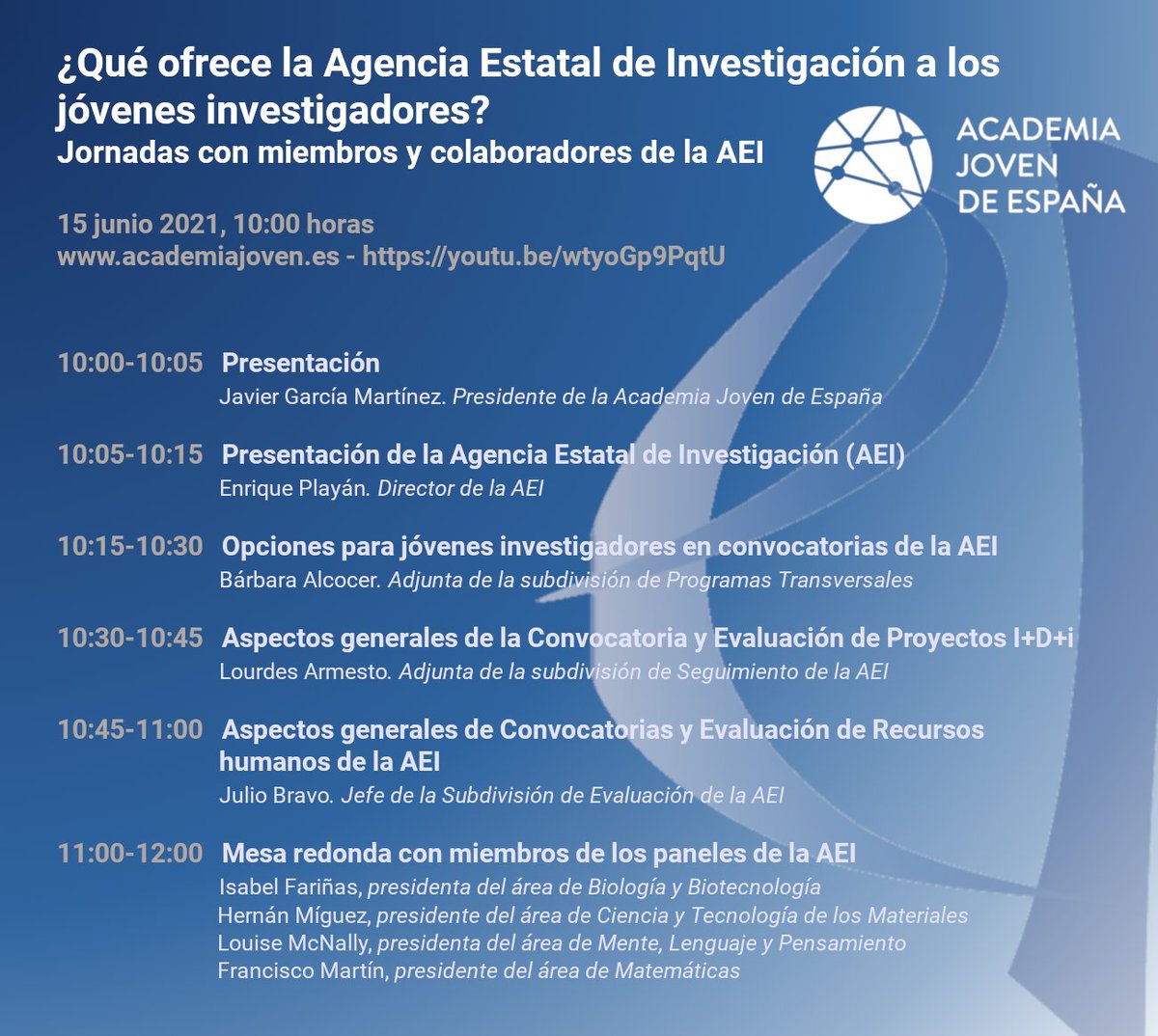 CSIC Aragón (@aragoncsic) on Twitter photo El día 15 de junio a las 10:00 h teneis una cita con la Academia Joven de España en un webinario <a href="/AgEInves/">Agencia Estatal de Investigación</a> <a href="/INMAdivulga/">INMAdivulga</a> que hablarán de oportunidades para jóvenes investigadores -programas de RRHH y Planes nacionales básicamente-.
youtube.com/watch?v=wtyoGp… El día 15 de junio a las 10:00 h teneis una cita con la Academia Joven de España en un webinario <a href="/AgEInves/">Agencia Estatal de Investigación</a> <a href="/INMAdivulga/">INMAdivulga</a> que hablarán de oportunidades para jóvenes investigadores -programas de RRHH y Planes nacionales básicamente-.
youtube.com/watch?v=wtyoGp…
