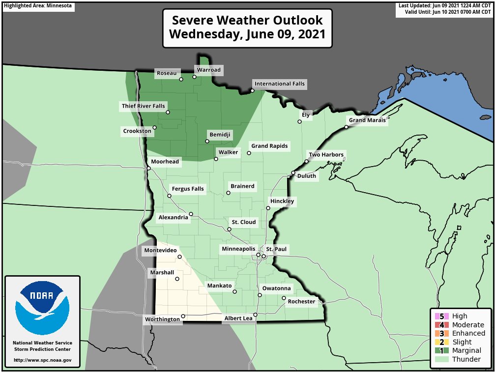 Some brief supercell thunderstorms with damaging gusts and some #hail will be possible through early evening today across northwestern #Minnesota and the #Canada Border.

#MNwx #ONwx #ONStorm #MBwx #MBStorm #SevereThunderstorm #Weather #WeatherForecast https://t.co/zjf2GHOf0F