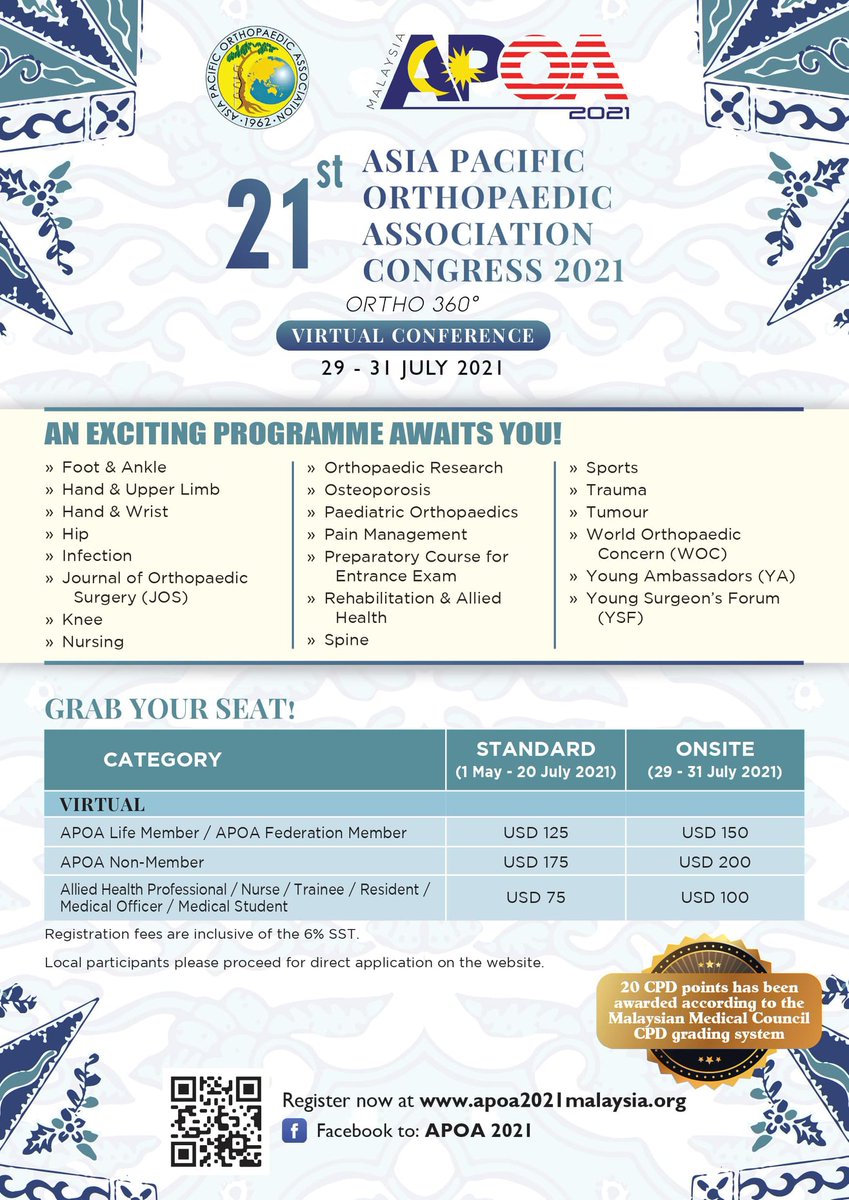 21st APOA Congress 2021 (Virtual Conference)
An Exciting Programme Awaits You!
👉Register Now! apoa2021malaysia.org

#APOA2021 #JOrthoSurgery