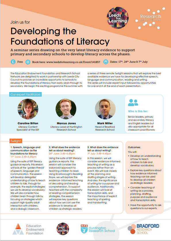 We're excited to collaborate with <a href="/Leeds_Learning/">Leeds for Learning</a> and colleagues from <a href="/HuntResearchSch/">Huntington Research</a> and <a href="/EducEndowFoundn/">EEF</a> for this series of twilights: 'Developing the Foundations of Literacy'. Starts Thursday 17th June: leedsforlearning.co.uk/Event/141857