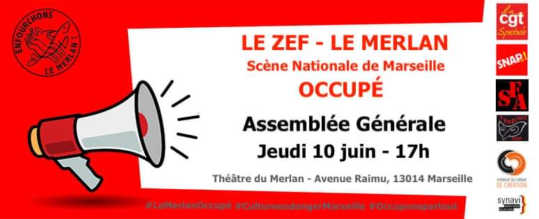 MerlanOccupe's tweet photo. Assemblée Générale Le ZEF Merlan, Jeudi 10 juin à 17h. Continuité des actions suite aux occupations.

Grand studio, Théâtre du Merlan, Avenue Raimu 13014 #Marseille

#EnfourchonsLeMerlan 🐟 https://t.co/b56TU8e0yF