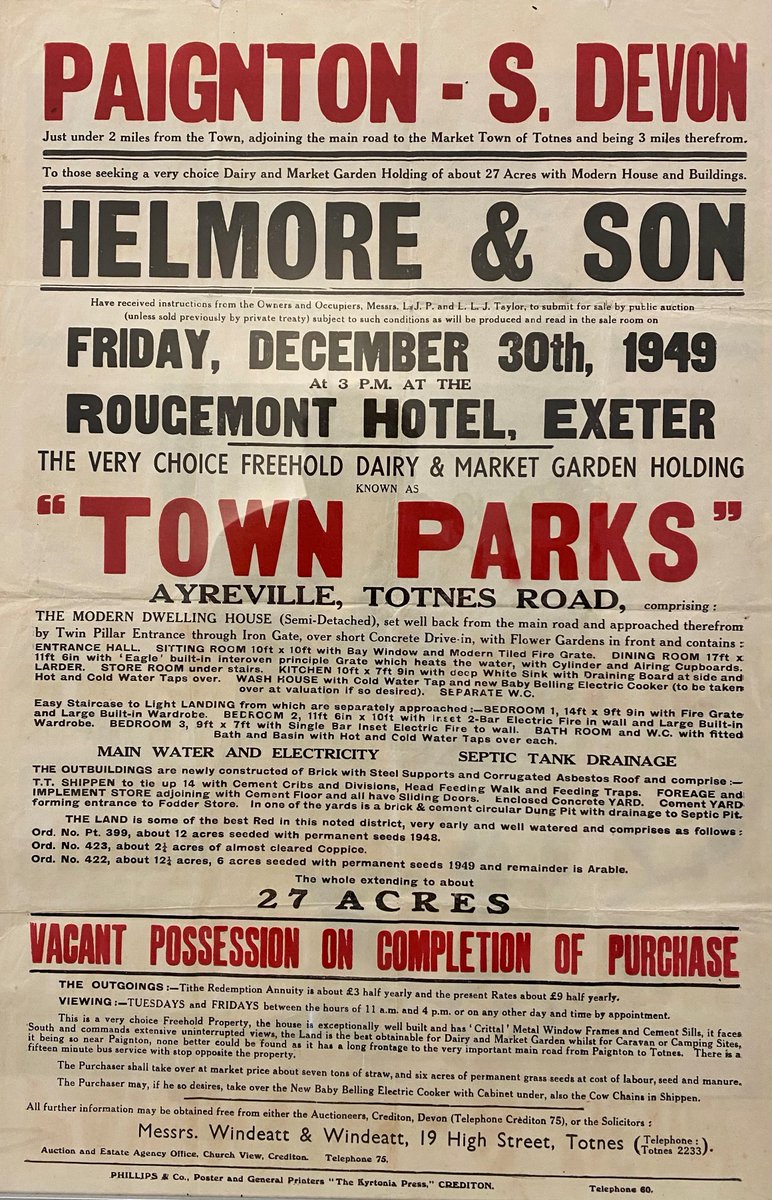 Love this old sales Helmores poster from 1949 - it makes for fascinating reading.
"The purchaser may, if he so desires, take over the new Belling electric cooker with cabinet under, also the Cow chains in the Shippen"...love it!! ❤️😍 #oldposters #forsale #homesale #devon
