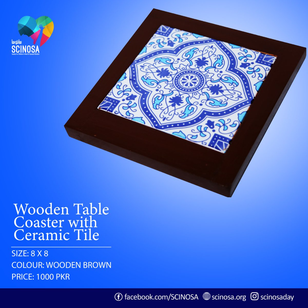 WOODEN TABLE COASTERS with CERAMIC TILE.
All the products have been crafted by the students of SCINOSA. Your purchase would help boost their confidence. To place an order you can DM or contact us on 03367246672
**ONLY FOR KARACHI #scinosadayhome #tablecoasters  #sale #Pakistan