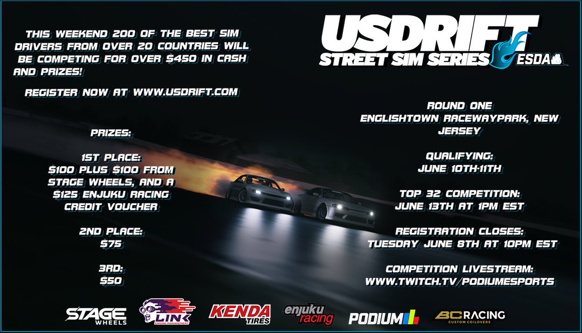 usdrift's tweet image. This weekend we launch the first of four rounds in our USDrift Street Sim Series. 200 of the best sim drivers from over 20 countries around the world will compete for over $450 in cash and prizes at each event. Tune in live at twitch.tv/podiumesports at 1PM EST on Sunday, June 13