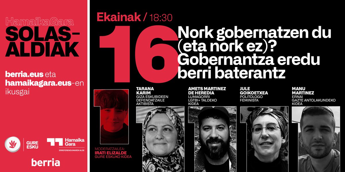 💬Nork erabakitzen du (eta nork ez)? Gobernantza eredu berri baterantz

🧭<a href="/iratielizalde/">Irati Elizalde</a>, @Gure_Esku
🗣Tarana Karim <a href="/karim_tarana/">Tarana Karim</a>
🗣Amets Mtz. de Heredia <a href="/AmetsMtz/">Amets Mtz. d Here 🏳️‍🌈🏳️‍⚧️🪶☂️</a>
🗣Jule Goikoetxea <a href="/JuleGoi/">Jule Goikoetxea</a>
🗣Manu Martinez <a href="/manumtzagirre/">Manu</a> 
 
📌Ekainak 16, 18:30
🎥hamaikagara.eus