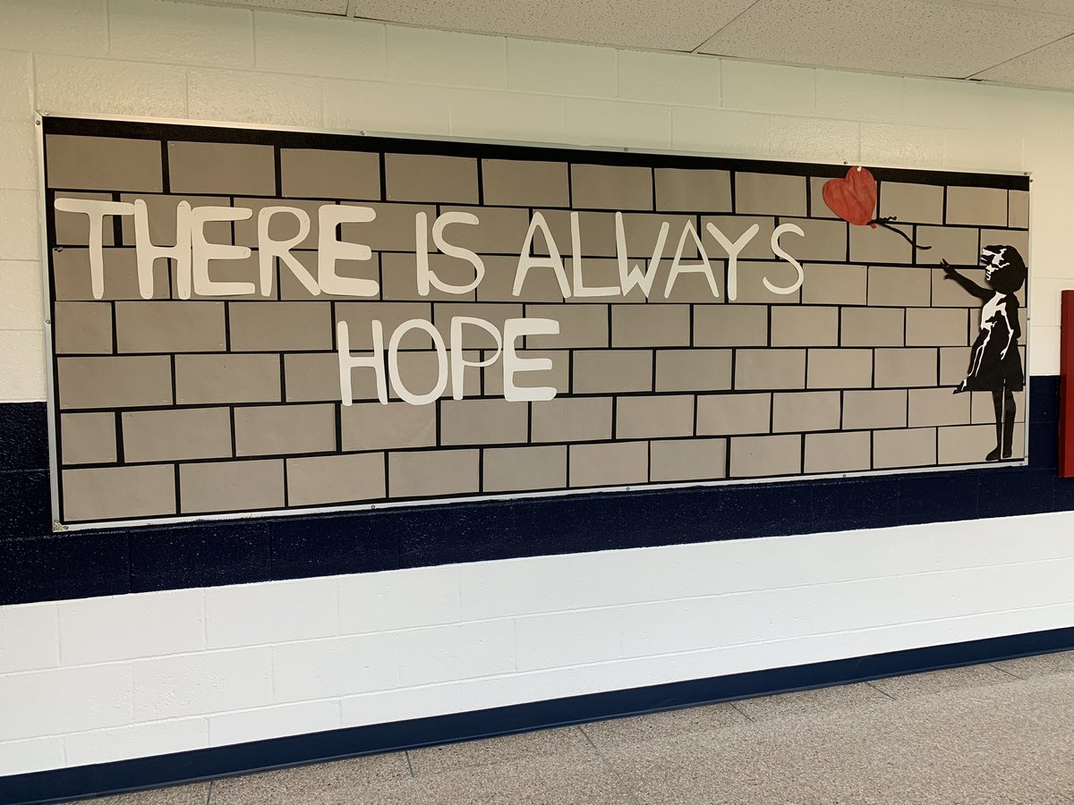Impromptu end of year bulletin board created by 8th graders inspired by Bansky. If this past year taught us anything, it certainly taught us There is Always Hope @ArtsofRandolph