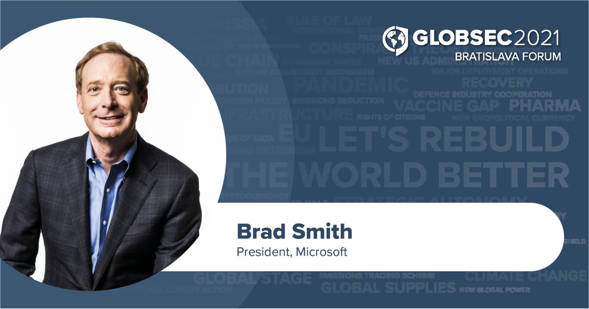 The #TechGovernance topical pillar of #GLOBSEC2021 will host highly renowned guests, including <a href="/BradSmi/">Brad Smith</a>, President of <a href="/Microsoft/">Microsoft</a>, joining us online.

➡️ GLOBSEC 2021: 15-17 June - Participate virtually: bit.ly/glb21rg

➕ All the info: bit.ly/glb21
