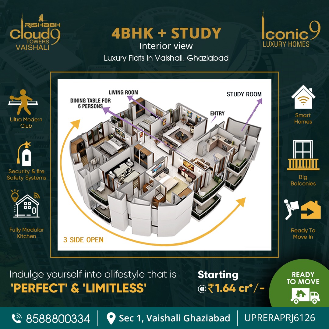 Check out the floor plan of the - ICONIC9 Tower 4BHK Luxurt flat.
Explore more details and Book a site visit now 
Call/ whatsapp me. Mobile: +91 8588800334
Enquire Now 
For More Details: rishabhgroup.co.in/pro.../cloud-9… 

Special offer
Special Offer for Frontliners