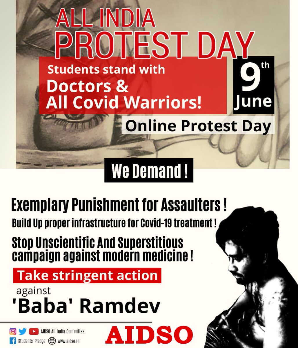 AIDSO_AIC's tweet photo. #ArrestRamdev
#StopAtrocityOnHealthWorkers
#NoObscurantism
#HealthForAll
#AIDSO
Arrest Mr Ramdev immediately for his motivated false propaganda which may lead to death of millions, and take appropriate and strict action against him.
@PMOIndia @MoHFW_INDIA @HMOIndia @AIDSO_AIC https://t.co/mbR4R37h60