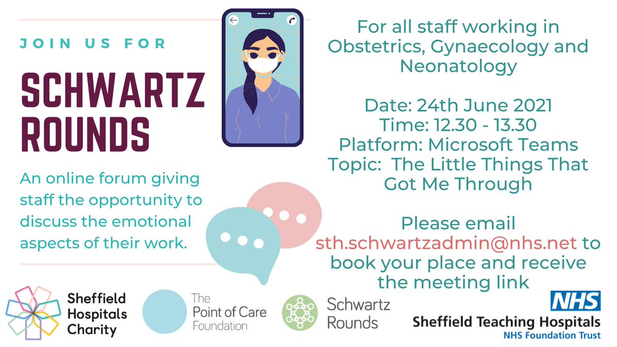 Calling all STH staff working in Obstetrics, Gynaecology and Neonatology.

Please join us for a Virtual Schwartz Round on Thursday 24 June at 12.30. Email sth.schwartzadmin@nhs.net to request the meeting link. 

We hope you can join us! 

<a href="/SHCFundraising/">Sheffield Hospitals Charity</a> <a href="/PointofCareFdn/">The Point of Care Foundation</a>