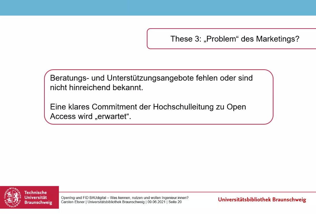 openaccessnet's tweet photo. @FIDmove @Brunsvigator vergleicht die Erkenntnisse aus dem @OpeningProjekt und einer Studie des @FIDBAUdigital. Wichtig für die Befragten aus dem #Ingenieurwesen: Die Publikation in Konferenzbänden und die Förderung seitens der Hochschulleitung.
#OpenAccessIngenieurwesen https://t.co/cLLLZd1Nco