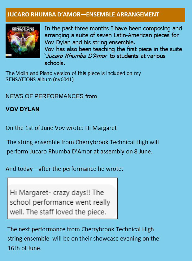 margbrandmusic5's tweet image. Delightful news from violinist Vov Dylan:  my ensemble arrangement of Jucaro Rhumba D&apos;Amor was performed by students from Cherrybrook Technical High in Sydney. 
The ensemble arrangement will be recorded later this month by Vov and his professional string ensemble.