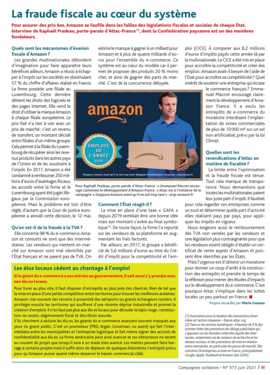 raphpradeau's tweet photo. Dans Campagnes Solidaires, le magazine de la @ConfPaysanne, super dossier "Lutter contre Amazon et son monde".

Avec notamment un article où je décrypte l'#EvasionFiscale et la fraude à la TVA pratiquée par le géant du e-commerce 👇 https://t.co/DYmzgRMUAA