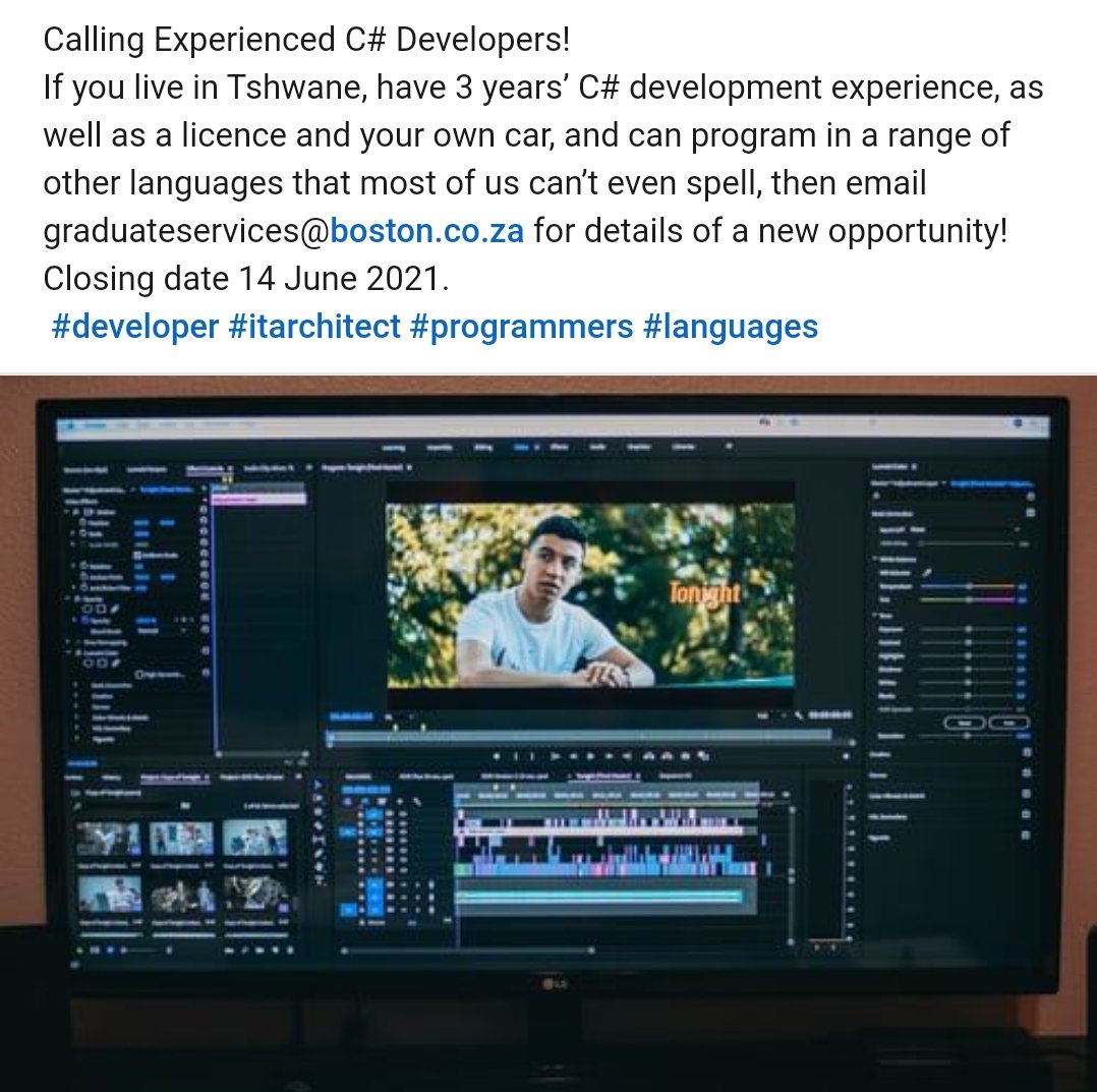 Experienced C# Developers! 
Tshwane
Apply before 14/06/21

linkedin.com/posts/boston-c… 

#developer #programmers 
#unemployment #jobseekers #JobSeekersWednesday #bostoncitycampus