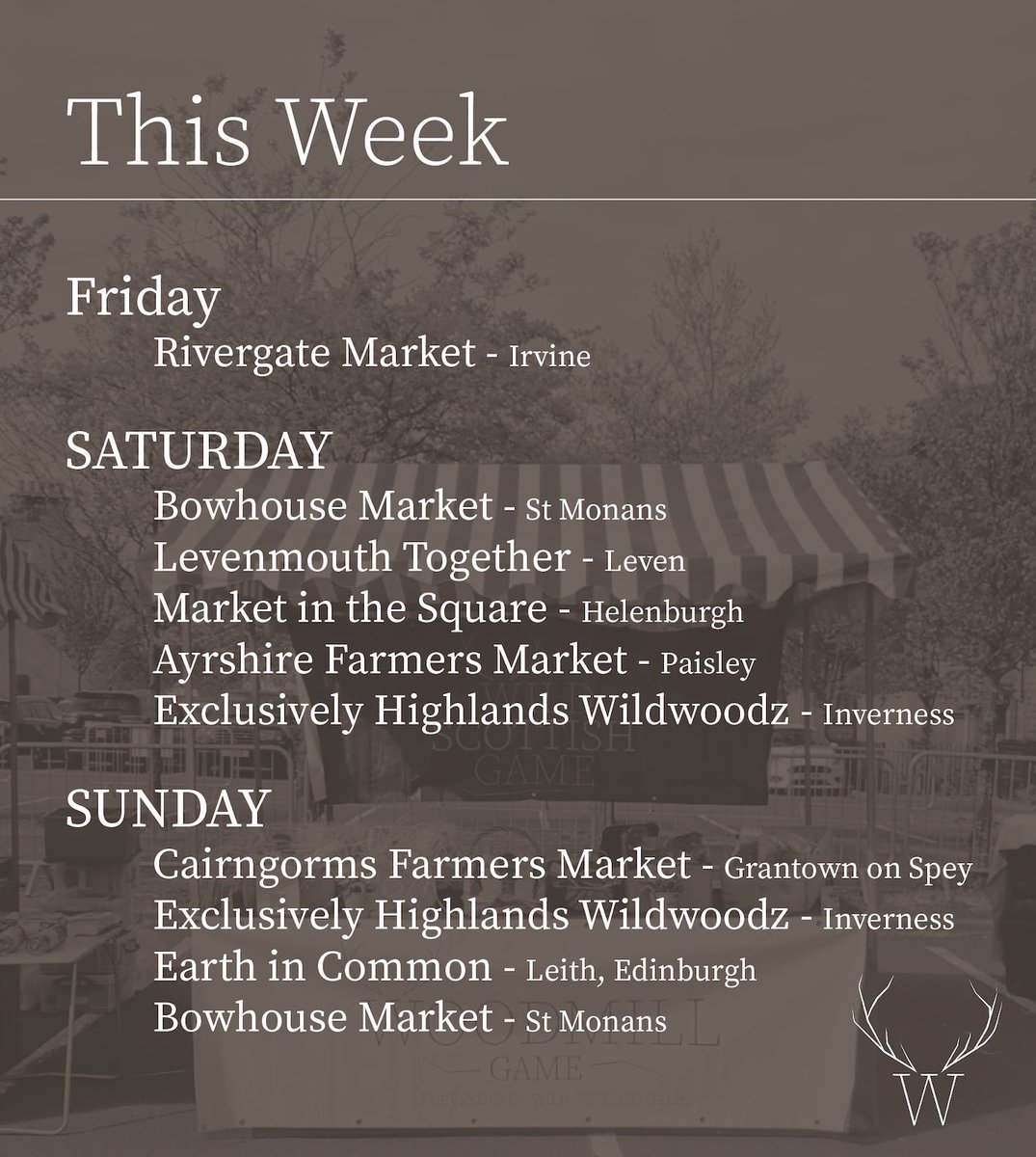 Woodmill Game (@woodmillgame) on Twitter photo Where to find us this week 🦌
- #RivergateMarket - <a href="/BowhouseFife/">Bowhouse</a> - #LevenmouthTogether - #HelensburghMarketInTheSquare - #AyrshireFarmersMarket - <a href="/ExclHighlands/">ExclusivelyHighlands</a> - #TheCairngormsFarmersMarket - <a href="/Earth_in_Common/">Earth in Common</a> - Where to find us this week 🦌
- #RivergateMarket - <a href="/BowhouseFife/">Bowhouse</a> - #LevenmouthTogether - #HelensburghMarketInTheSquare - #AyrshireFarmersMarket - <a href="/ExclHighlands/">ExclusivelyHighlands</a> - #TheCairngormsFarmersMarket - <a href="/Earth_in_Common/">Earth in Common</a> -